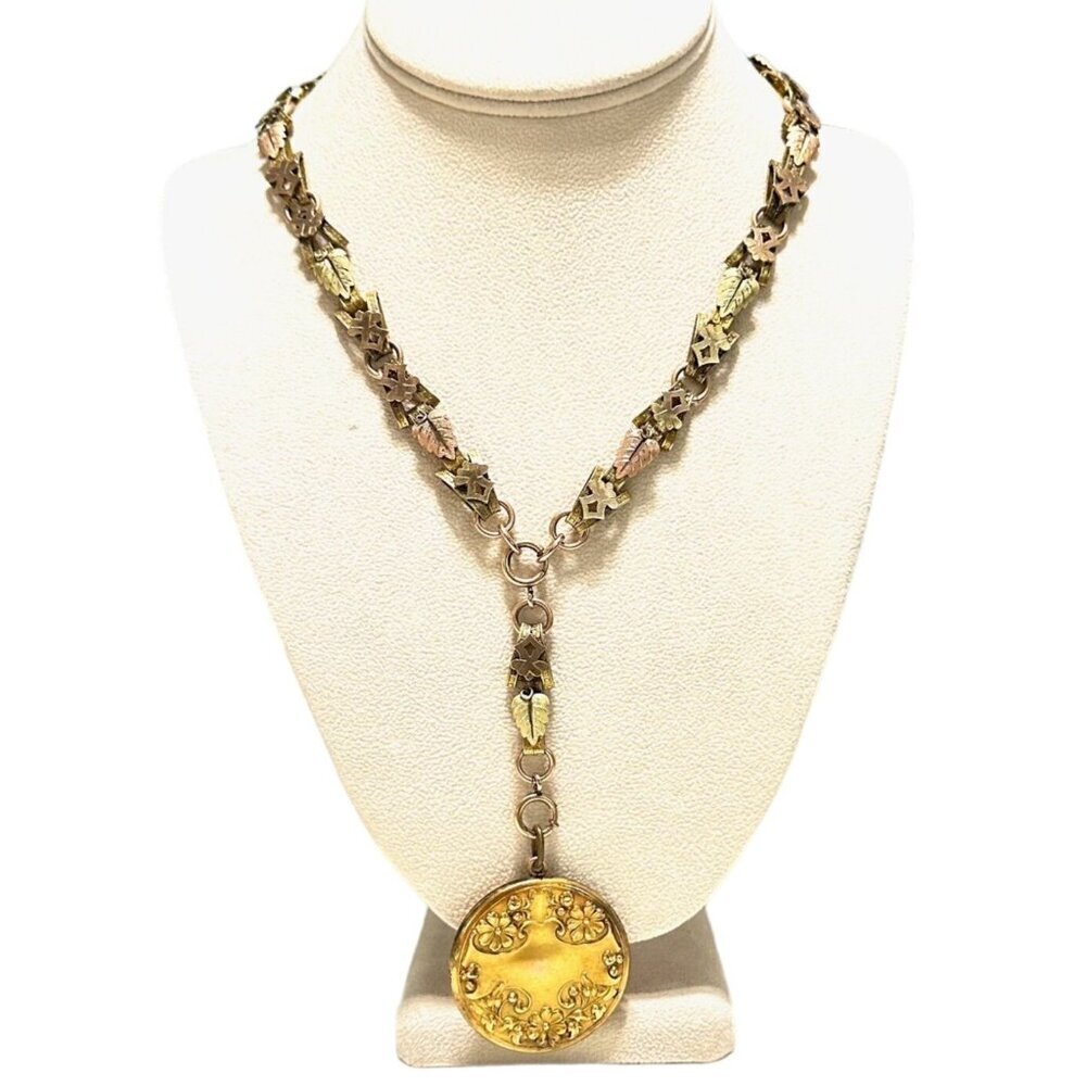 Antique Victorian Womens Necklace Gold Filled Tri Color Book Chain Locket 1800s - Picture 3 of 11